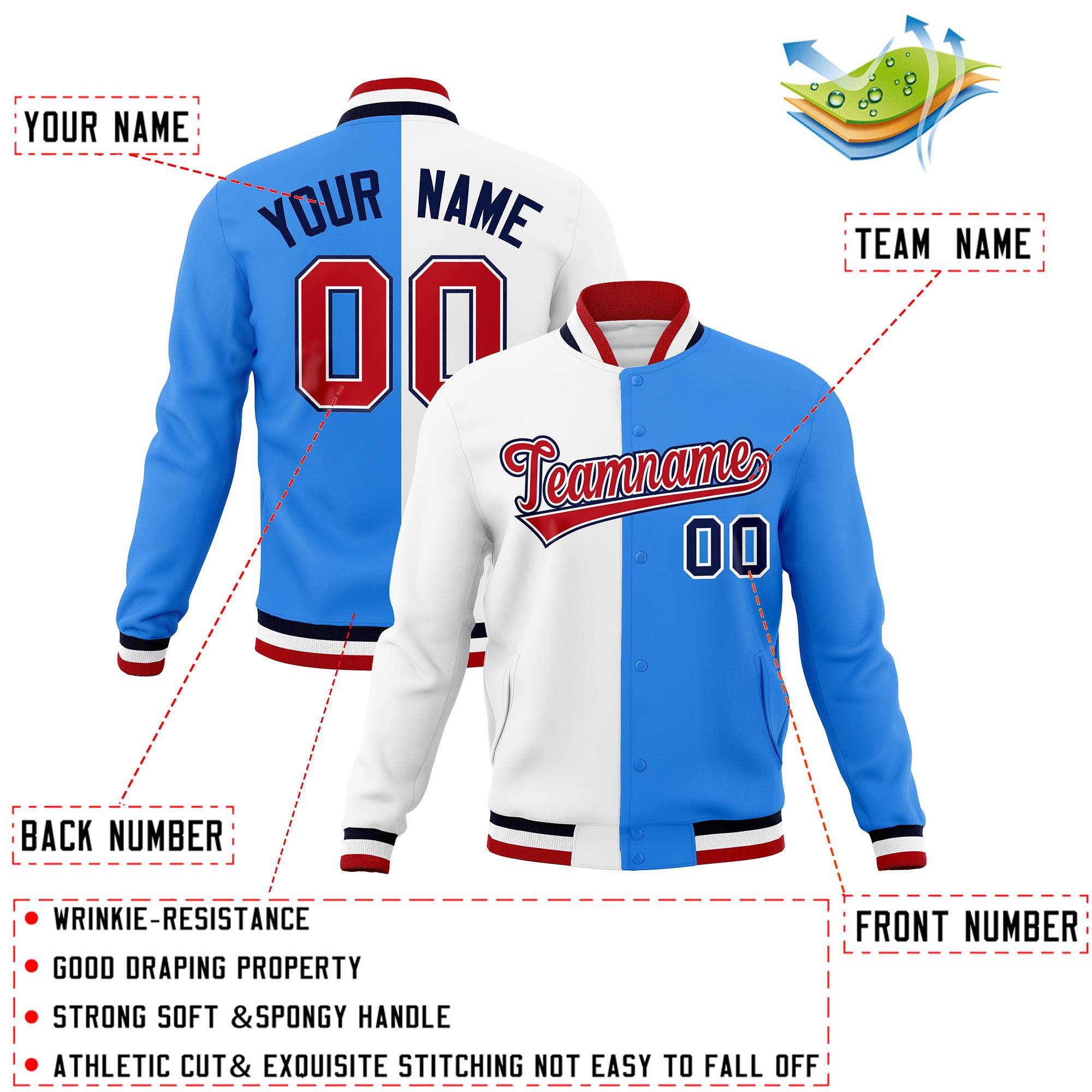 Custom White Powder Blue-Red Varsity Full-Snap Letterman Two Tone Split Fashion Jacket