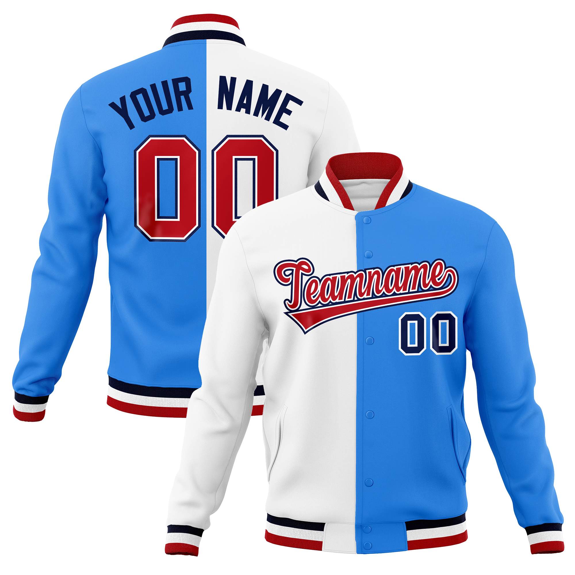 Custom White Powder Blue-Red Varsity Full-Snap Letterman Two Tone Split Fashion Jacket