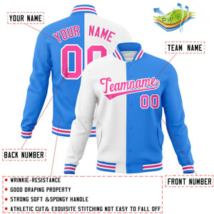 Custom White Powder Blue-Pink Varsity Full-Snap Letterman Two Tone Split Fashion Jacket