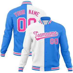 Custom White Powder Blue-Pink Varsity Full-Snap Letterman Two Tone Split Fashion Jacket