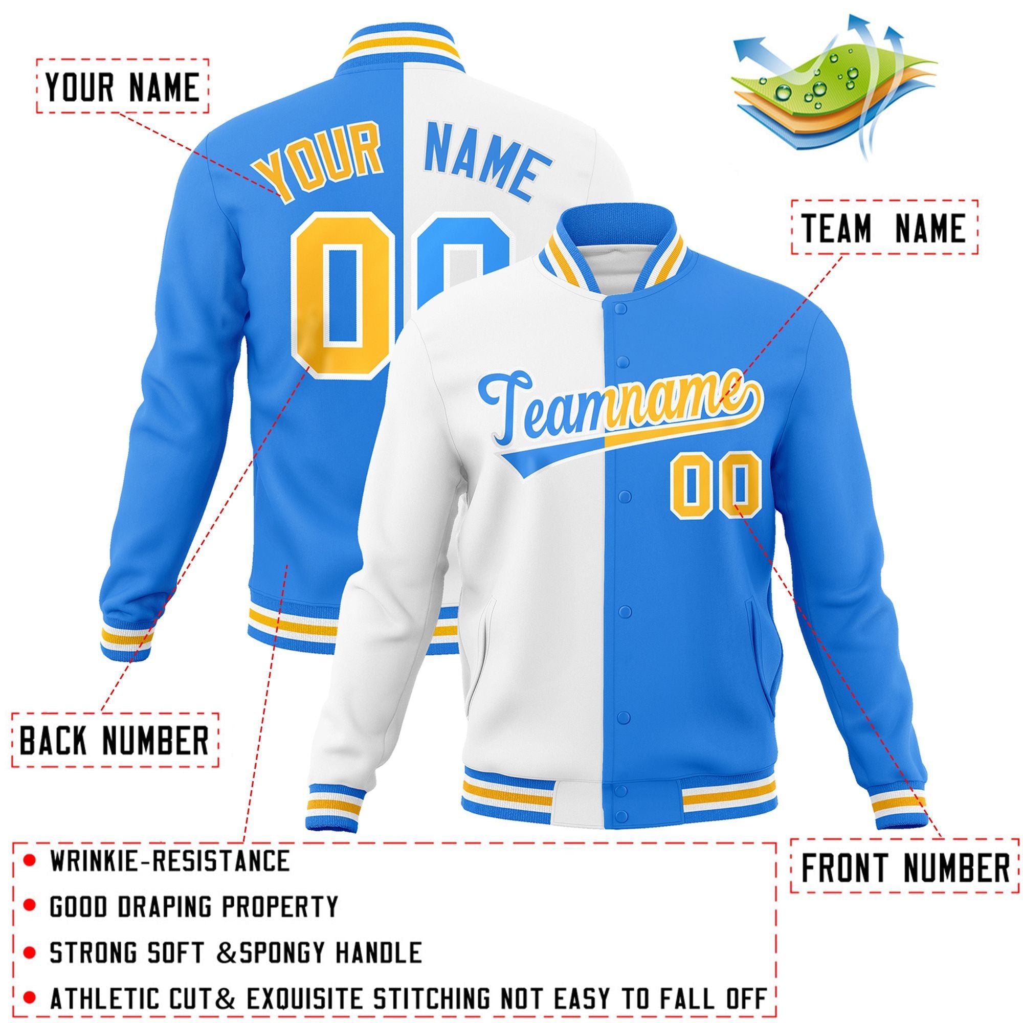 Custom White Powder Blue-Gold Varsity Full-Snap Letterman Two Tone Split Fashion Jacket