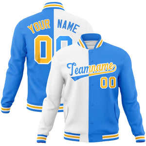 Custom White Powder Blue-Gold Varsity Full-Snap Letterman Two Tone Split Fashion Jacket