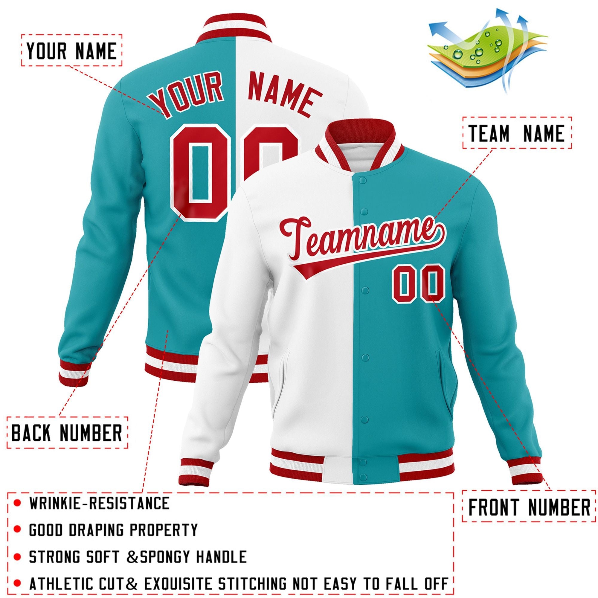 Veste de mode fendue bicolore personnalisée blanche Aqua-rouge Varsity Full-Snap Letterman