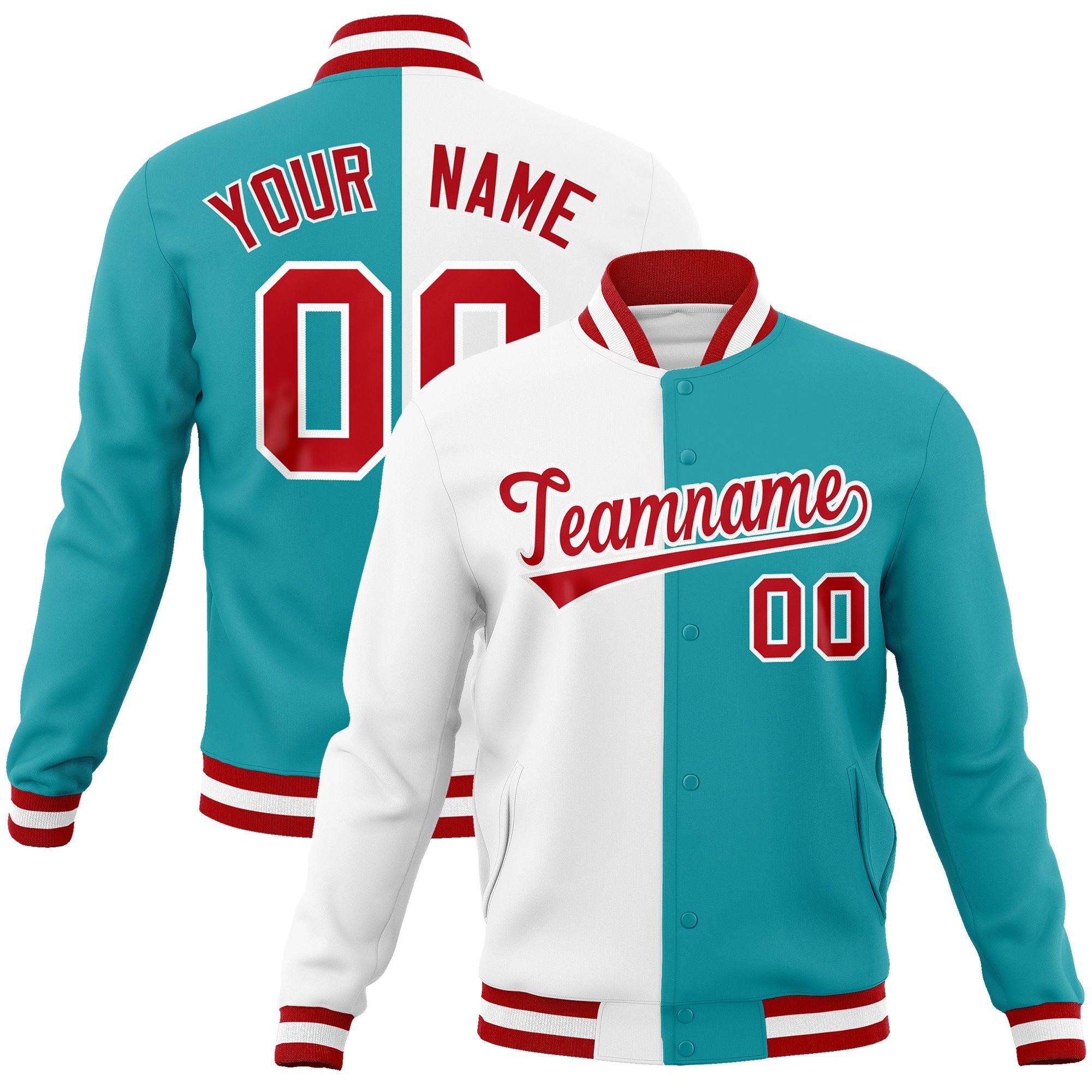 Custom White Aqua-Red Varsity Full-Snap Letterman Two Tone Split Fashion Jacket