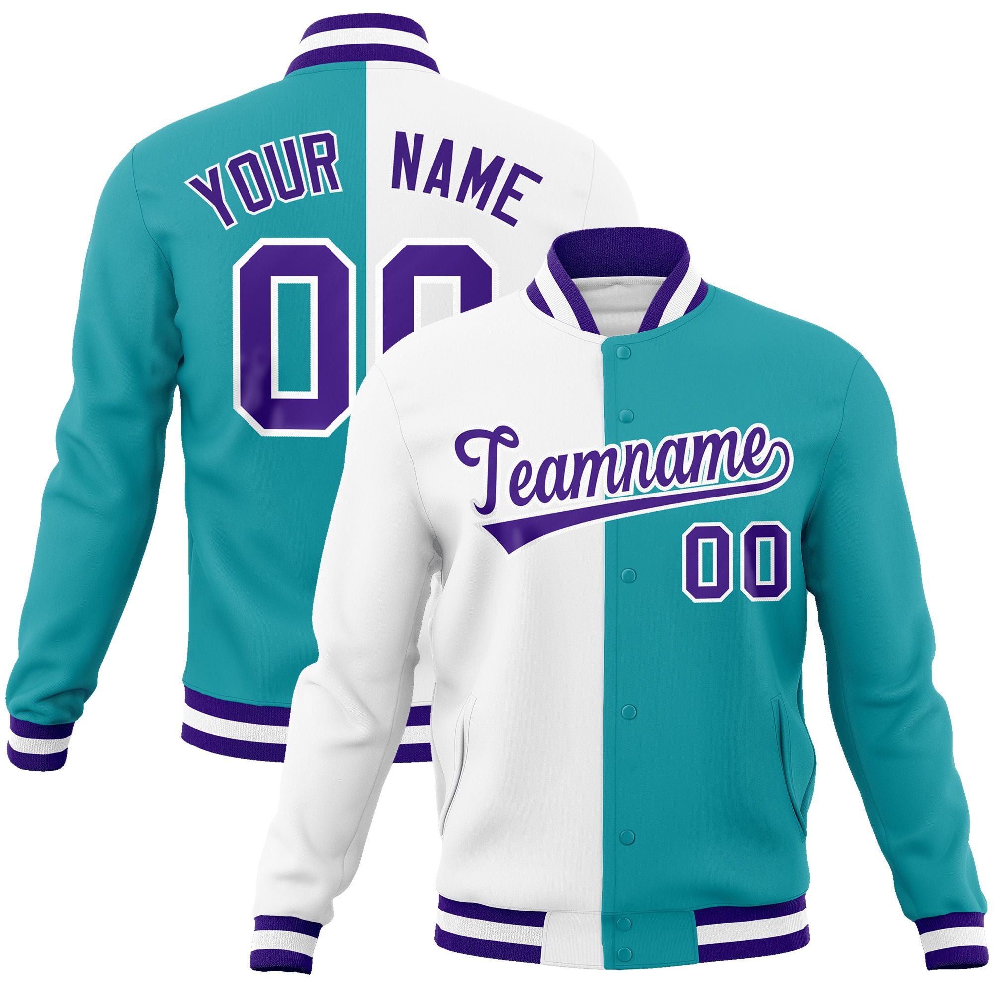 Custom White Aqua-Purple Varsity Full-Snap Letterman Two Tone Split Fashion Jacket