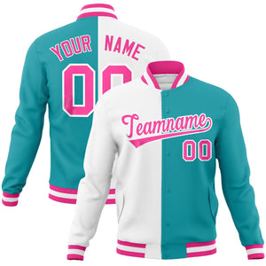 Custom White Aqua-Pink Varsity Full-Snap Letterman Two Tone Split Fashion Jacket