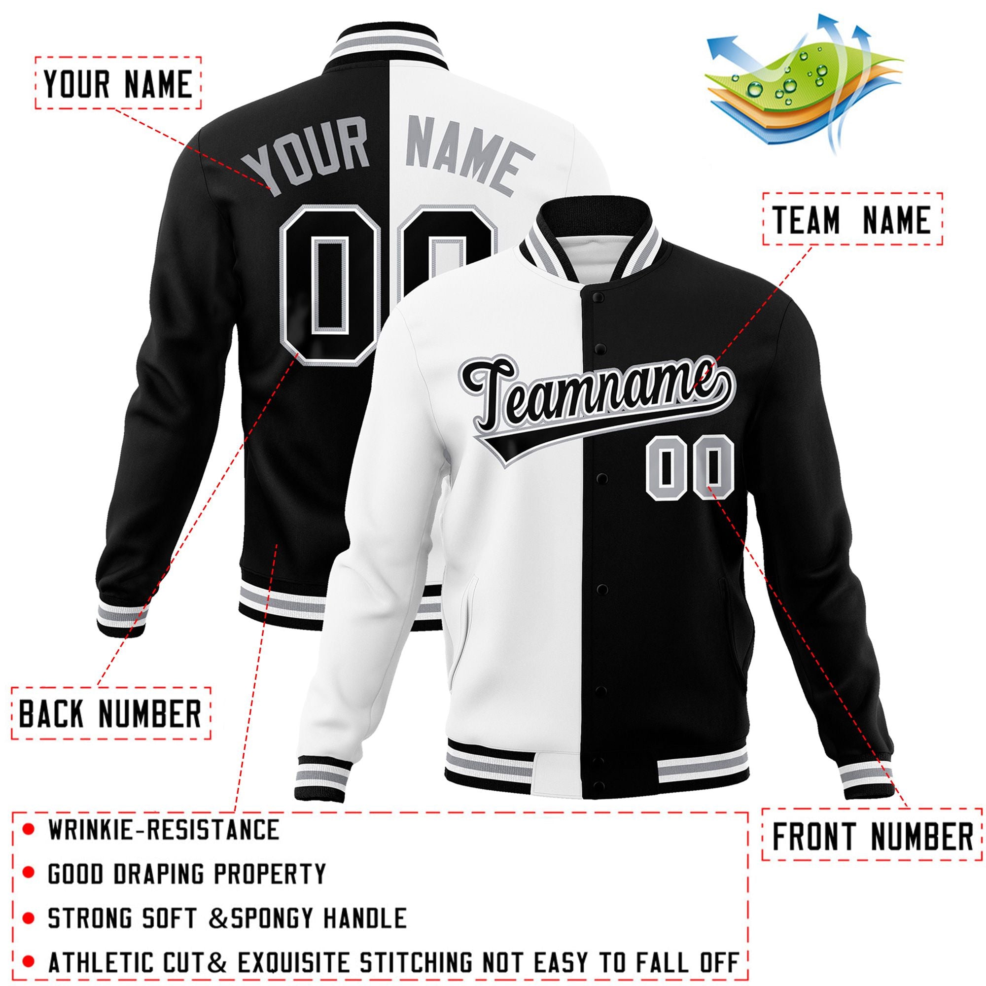 Veste de mode fendue bicolore personnalisée blanc noir-noir Varsity Full-Snap Letterman