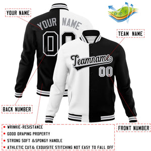 Veste de mode fendue bicolore personnalisée blanc noir-noir Varsity Full-Snap Letterman