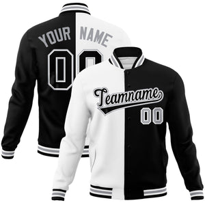 Custom White Black-Black Varsity Full-Snap Letterman Two Tone Split Fashion Jacket