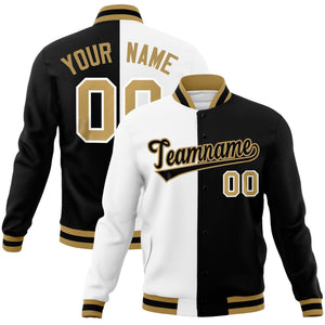 Custom White Black-Black Varsity Full-Snap Letterman Two Tone Split Fashion Jacket