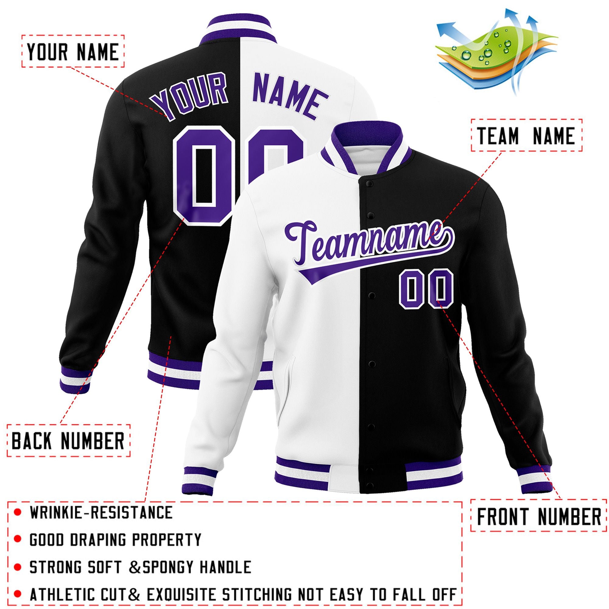 Veste de mode fendue bicolore personnalisée blanc noir-violet Varsity Full-Snap Letterman