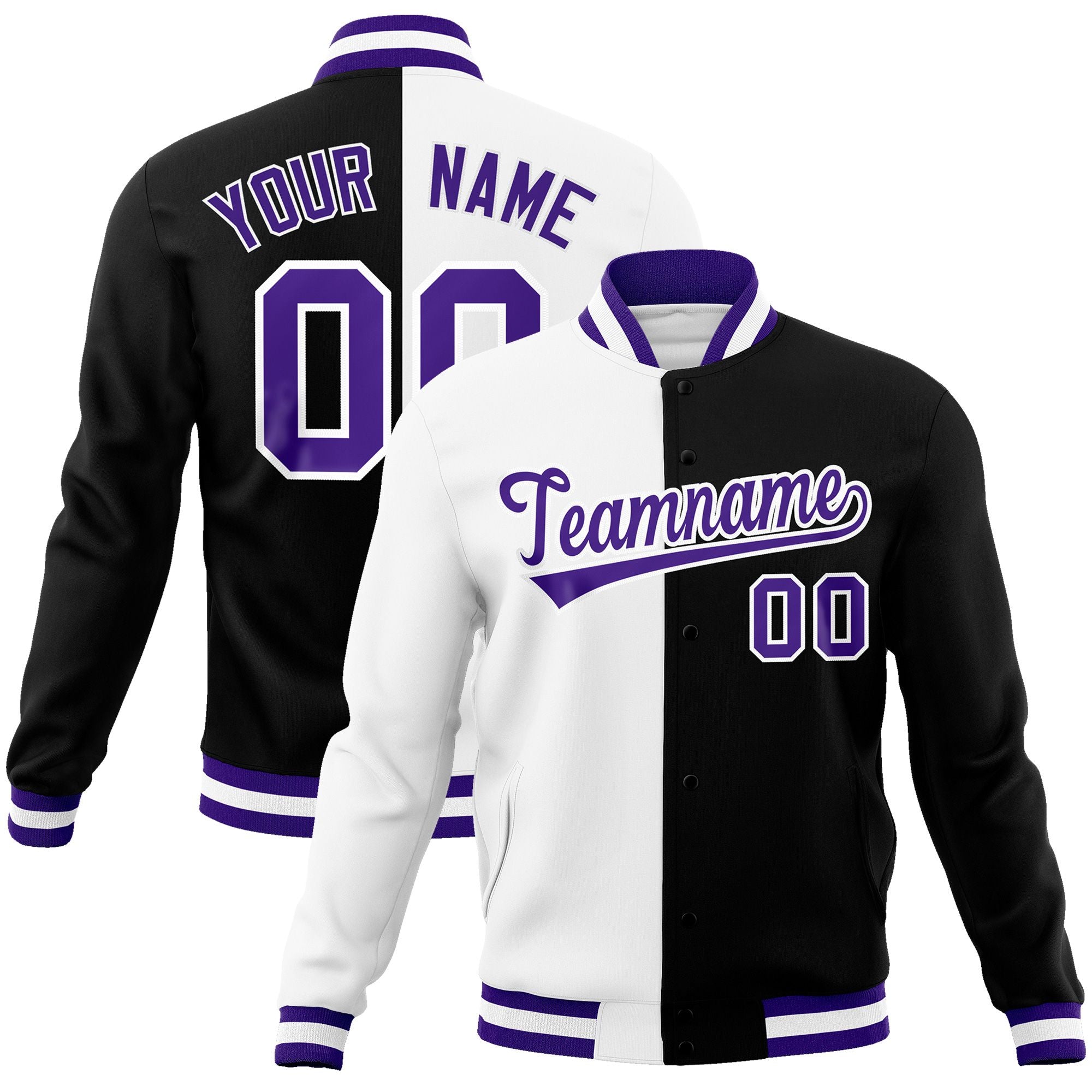 Custom White Black-Purple Varsity Full-Snap Letterman Two Tone Split Fashion Jacket