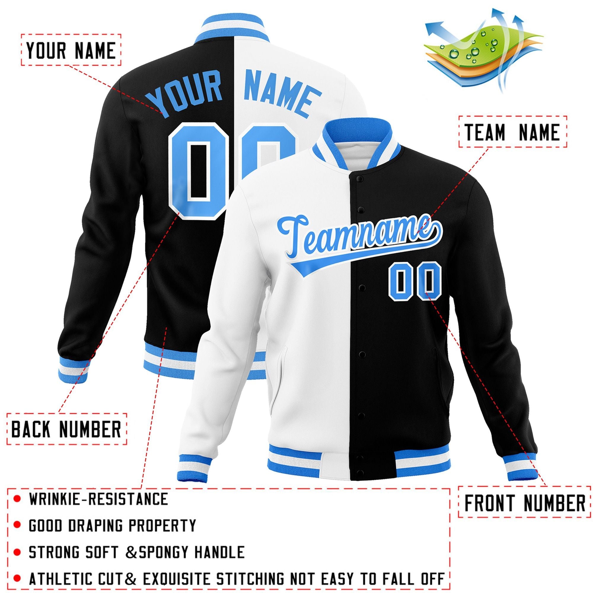 Veste de mode fendue bicolore personnalisée blanche noire-bleu poudre Varsity Full-Snap Letterman