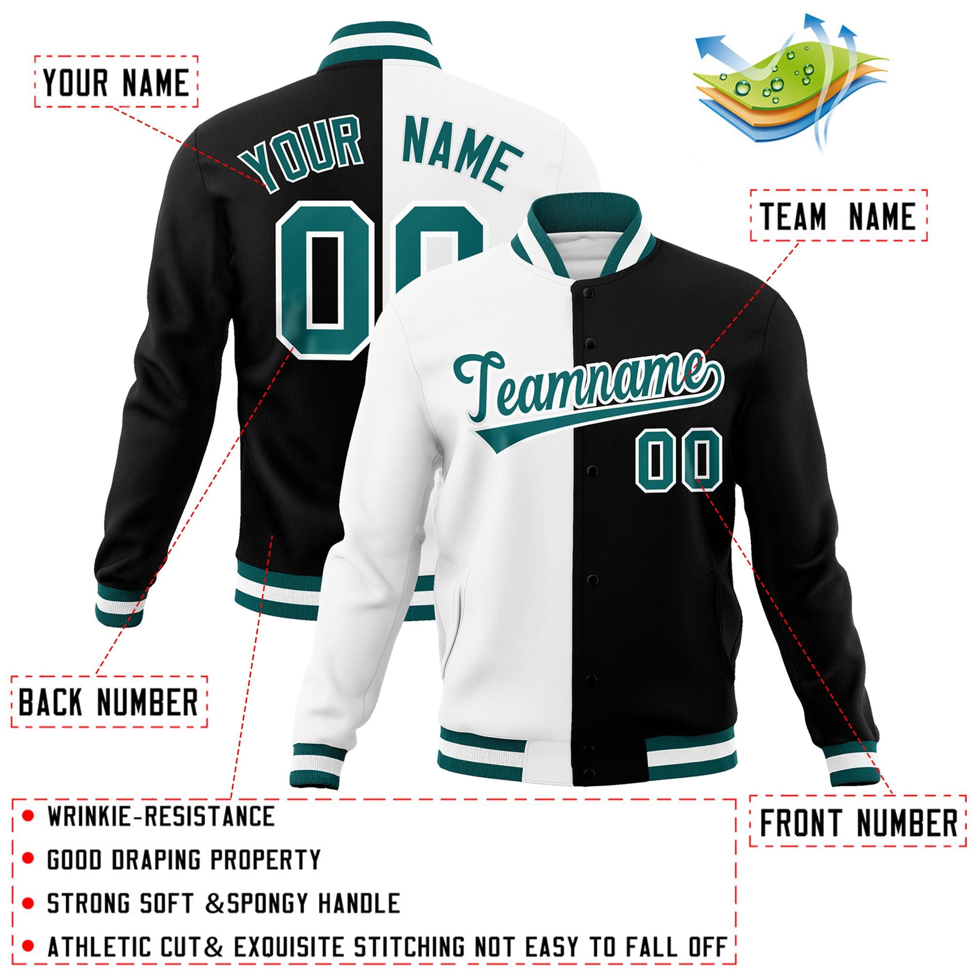 Custom White Black-Aqua Varsity Full-Snap Letterman Veste de mode divisée à deux tons