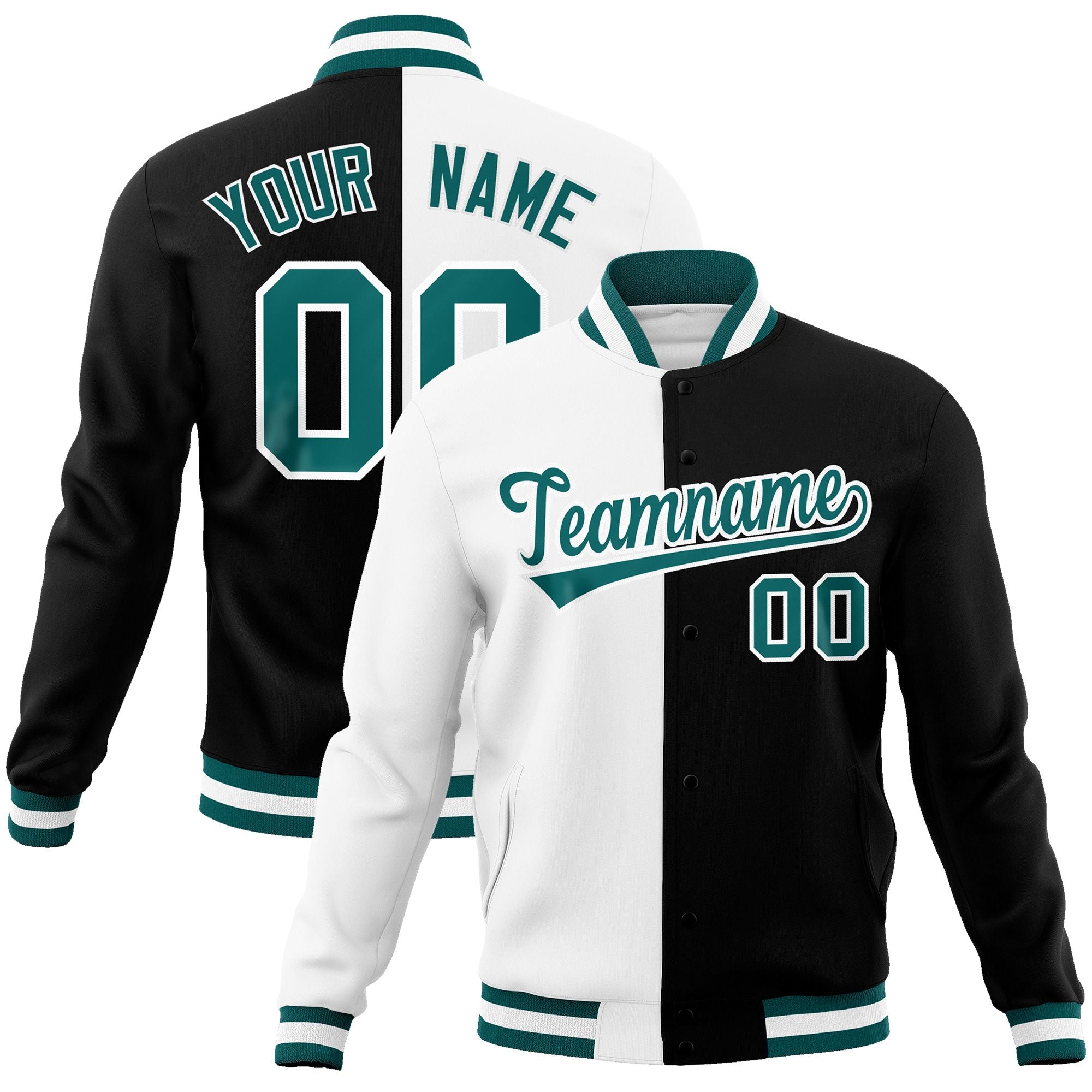 Custom White Black-Aqua Varsity Full-Snap Letterman Two Tone Split Fashion Jacket