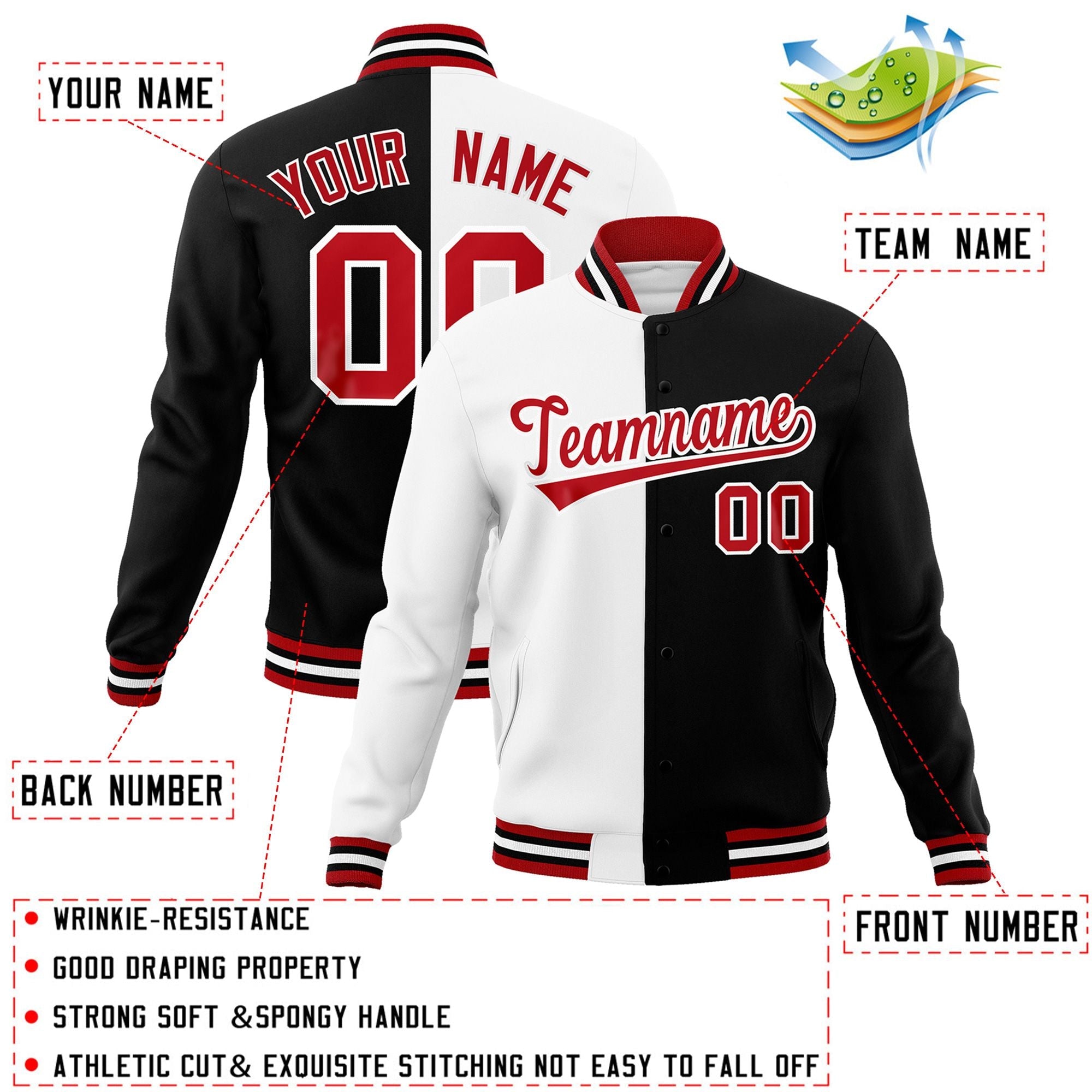 Veste de mode fendue bicolore personnalisée blanc noir-rouge Varsity Full-Snap Letterman