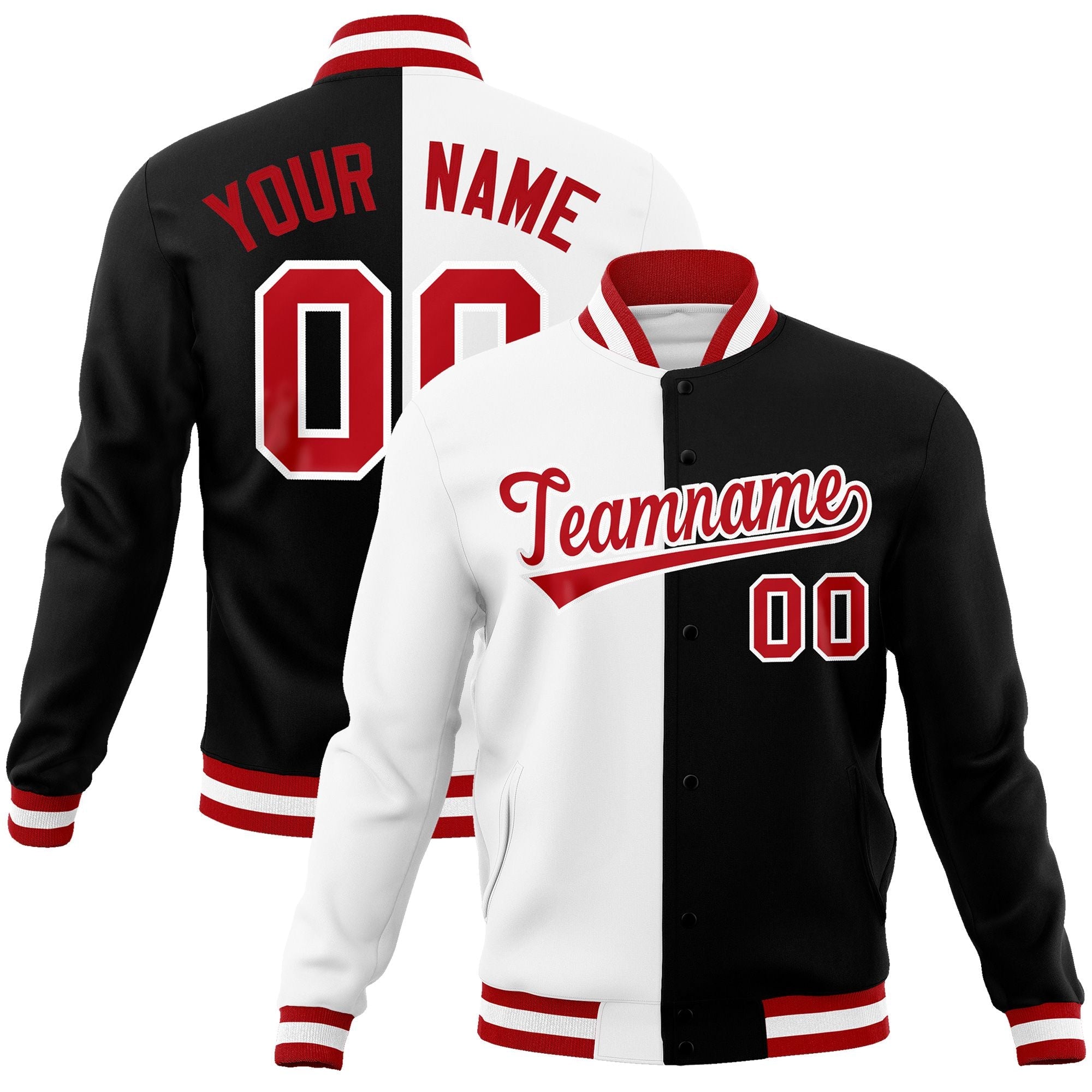 Custom White Black-Red Varsity Full-Snap Letterman Two Tone Split Fashion Jacket