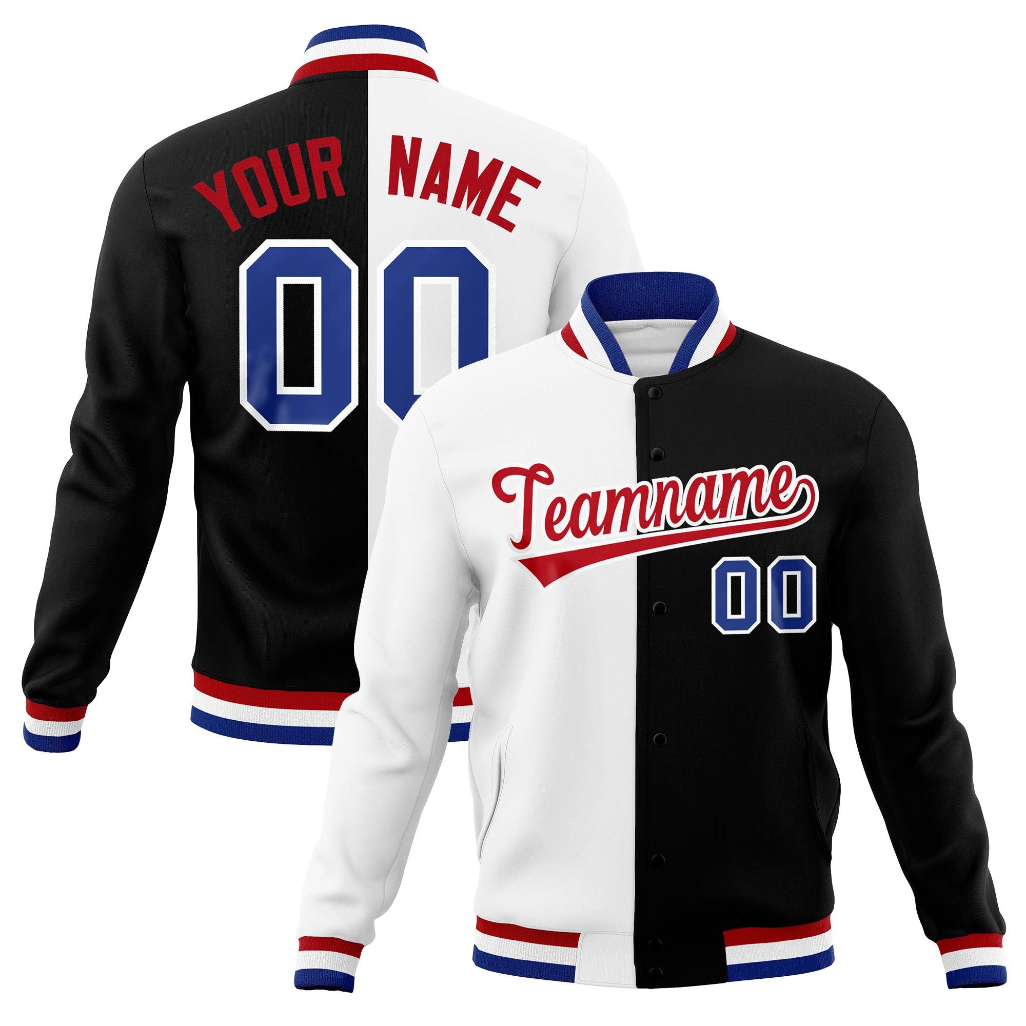 Custom White Black-Red Varsity Full-Snap Letterman Two Tone Split Fashion Jacket