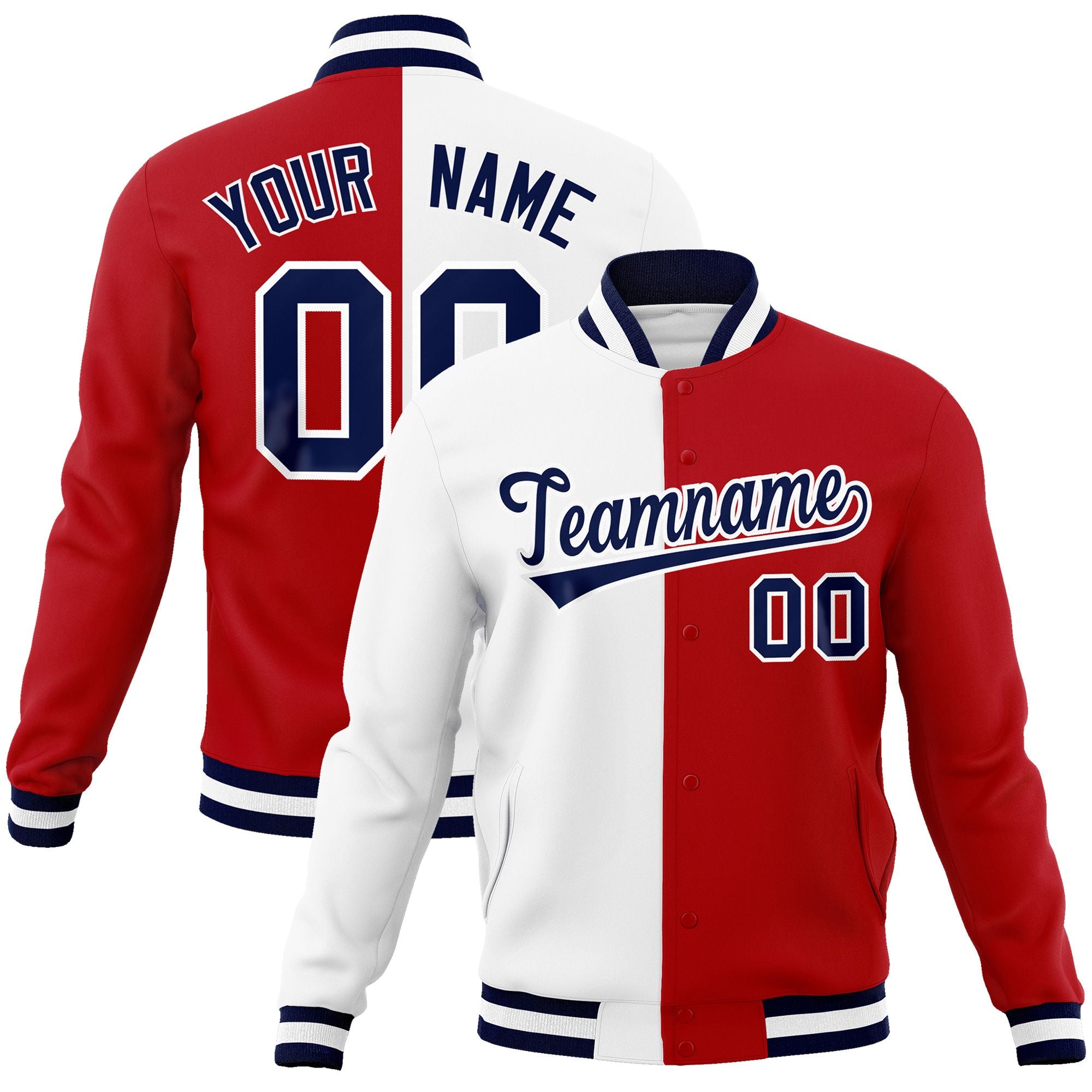 Custom White Red-Navy Varsity Full-Snap Letterman Two Tone Split Fashion Jacket