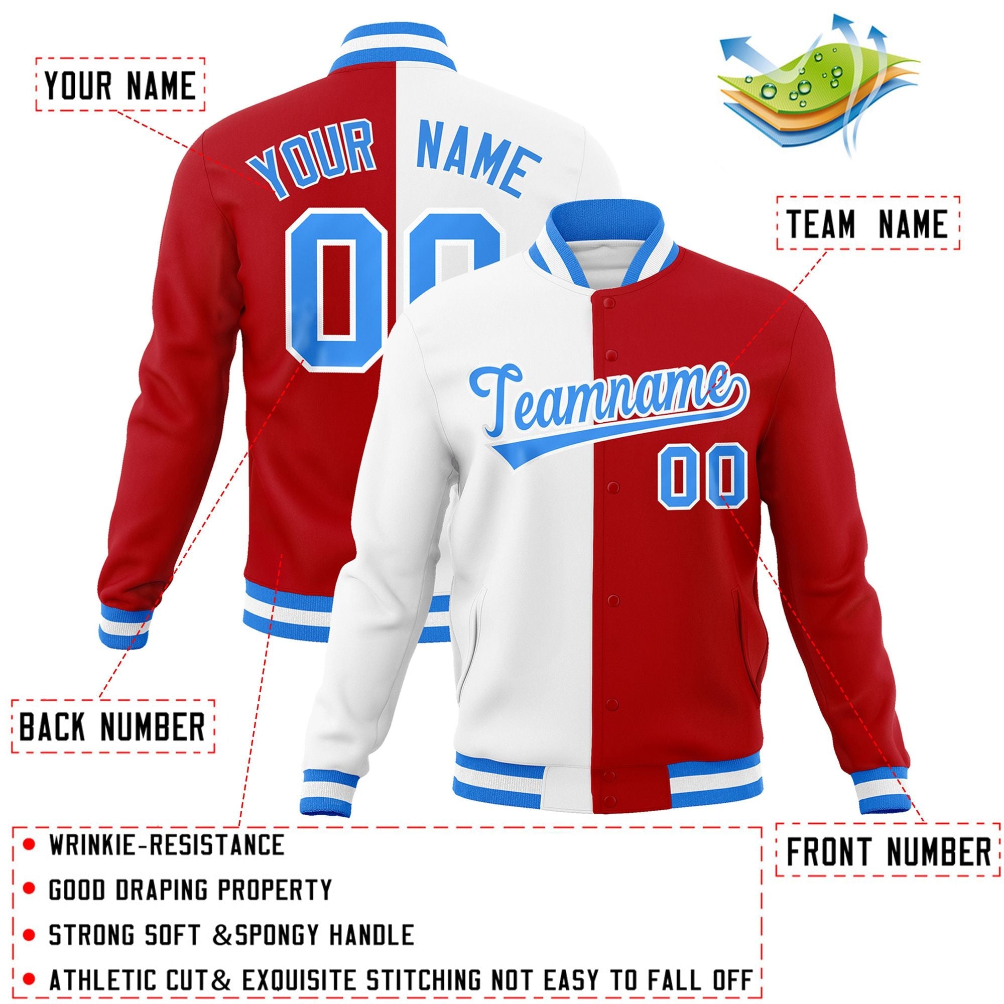 Custom White Red-Powder Blue Varsity Full-Snap Letterman Two Tone Split Fashion Jacket