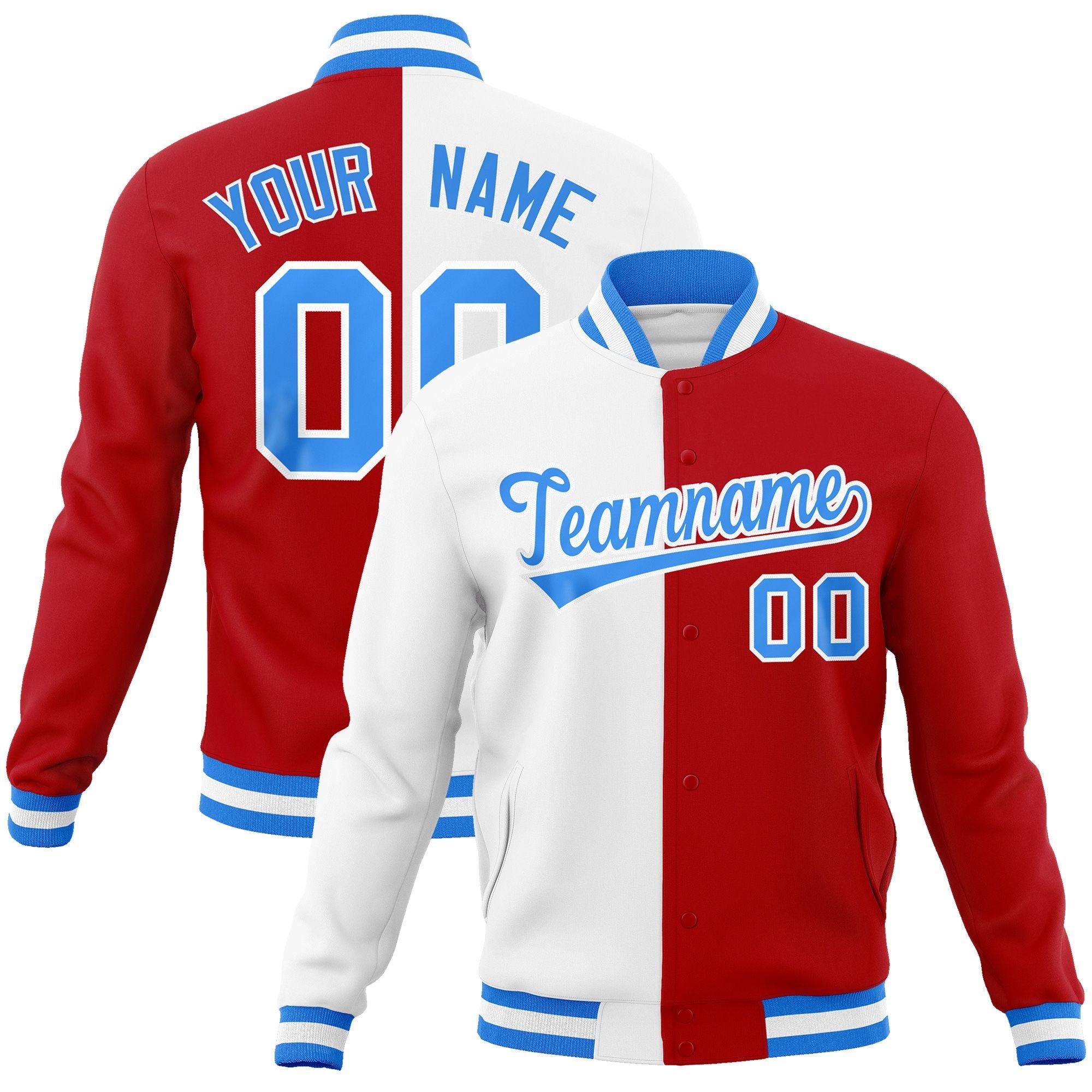 Custom White Red-Powder Blue Varsity Full-Snap Letterman Two Tone Split Fashion Jacket