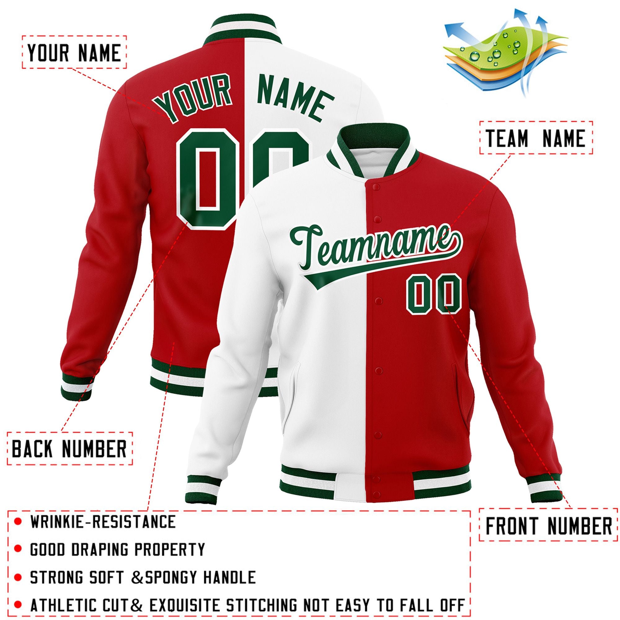 Veste de mode fendue bicolore personnalisée blanc rouge-vert Varsity Full-Snap Letterman