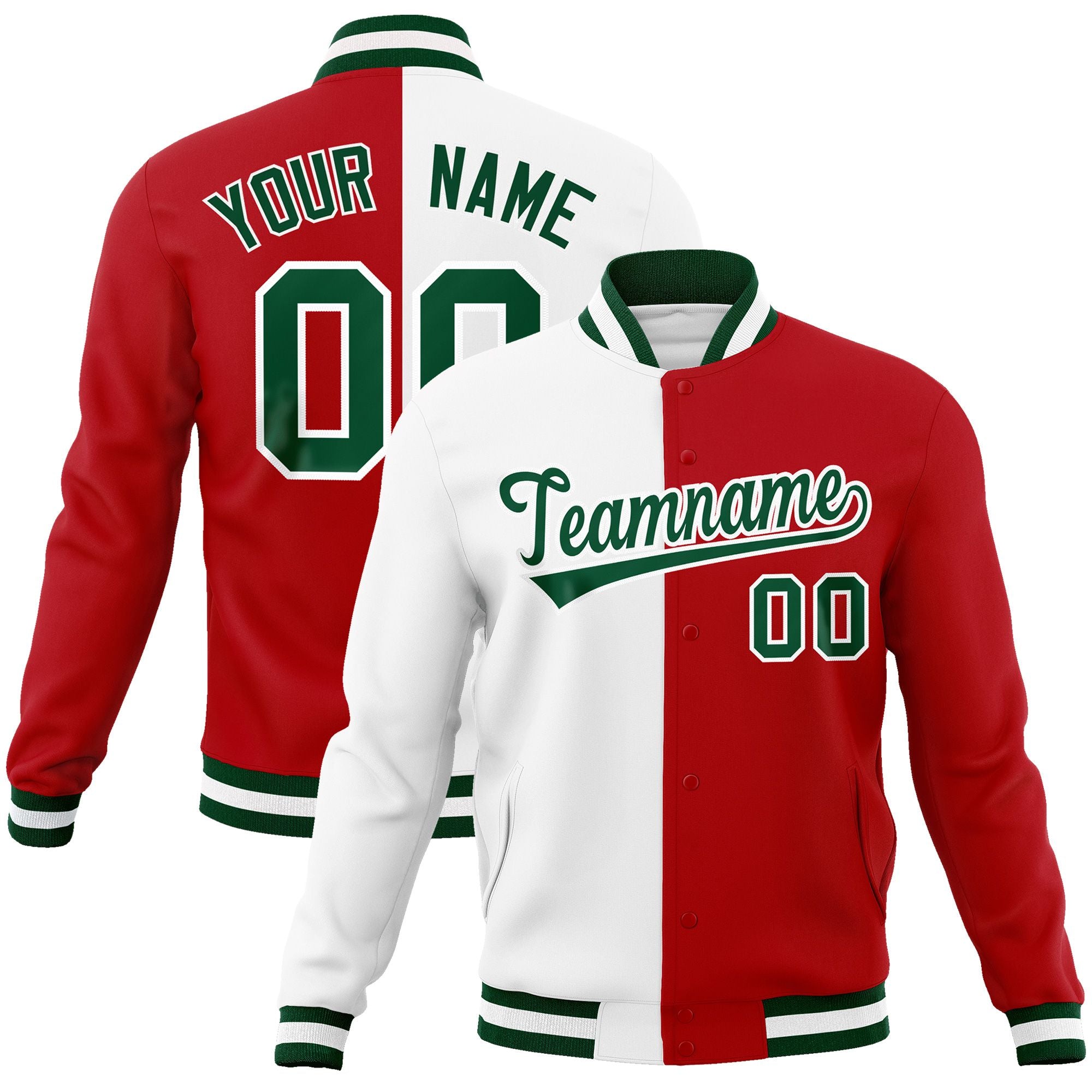 Custom White Red-Green Varsity Full-Snap Letterman Two Tone Split Fashion Jacket