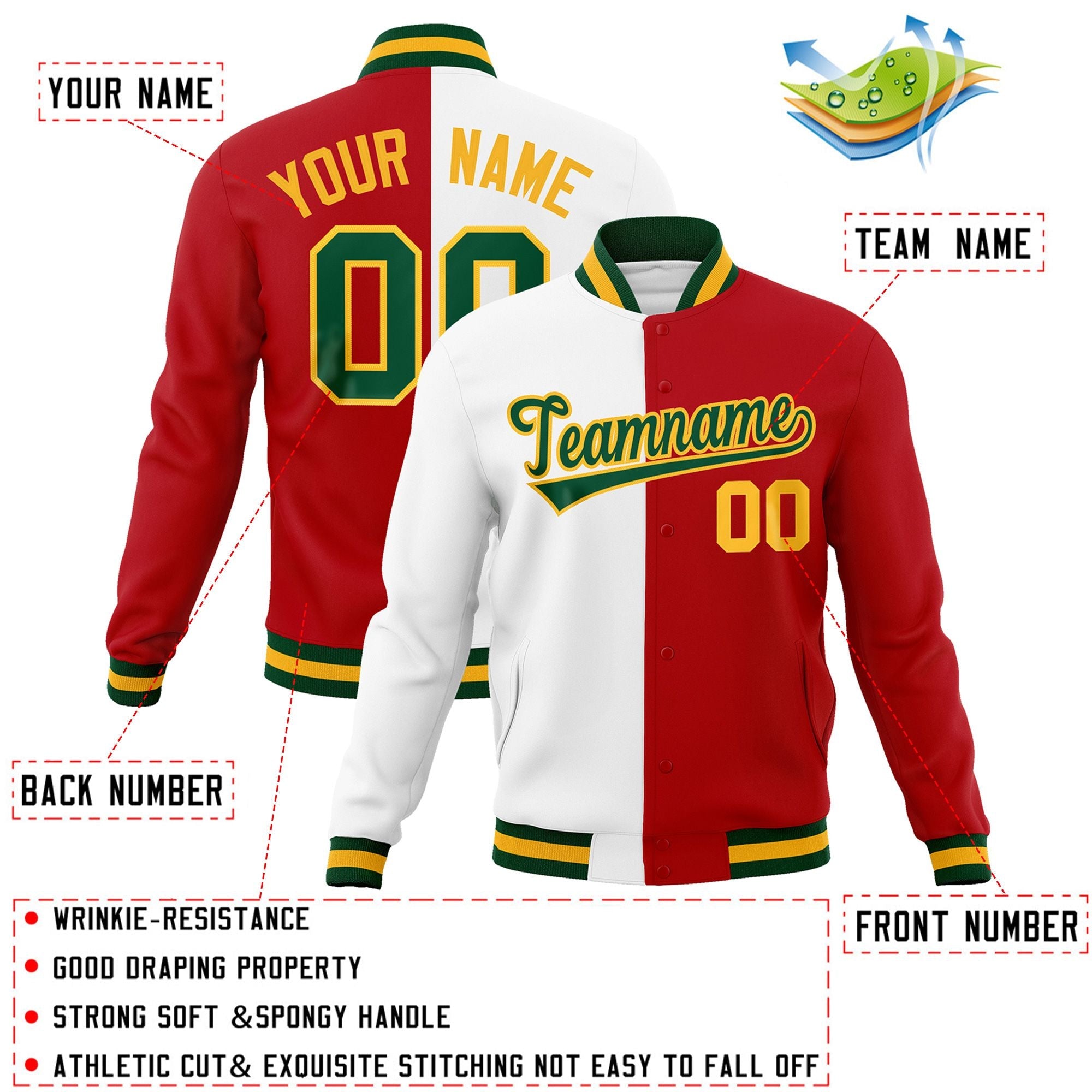 Veste de mode fendue bicolore personnalisée blanc rouge-vert Varsity Full-Snap Letterman