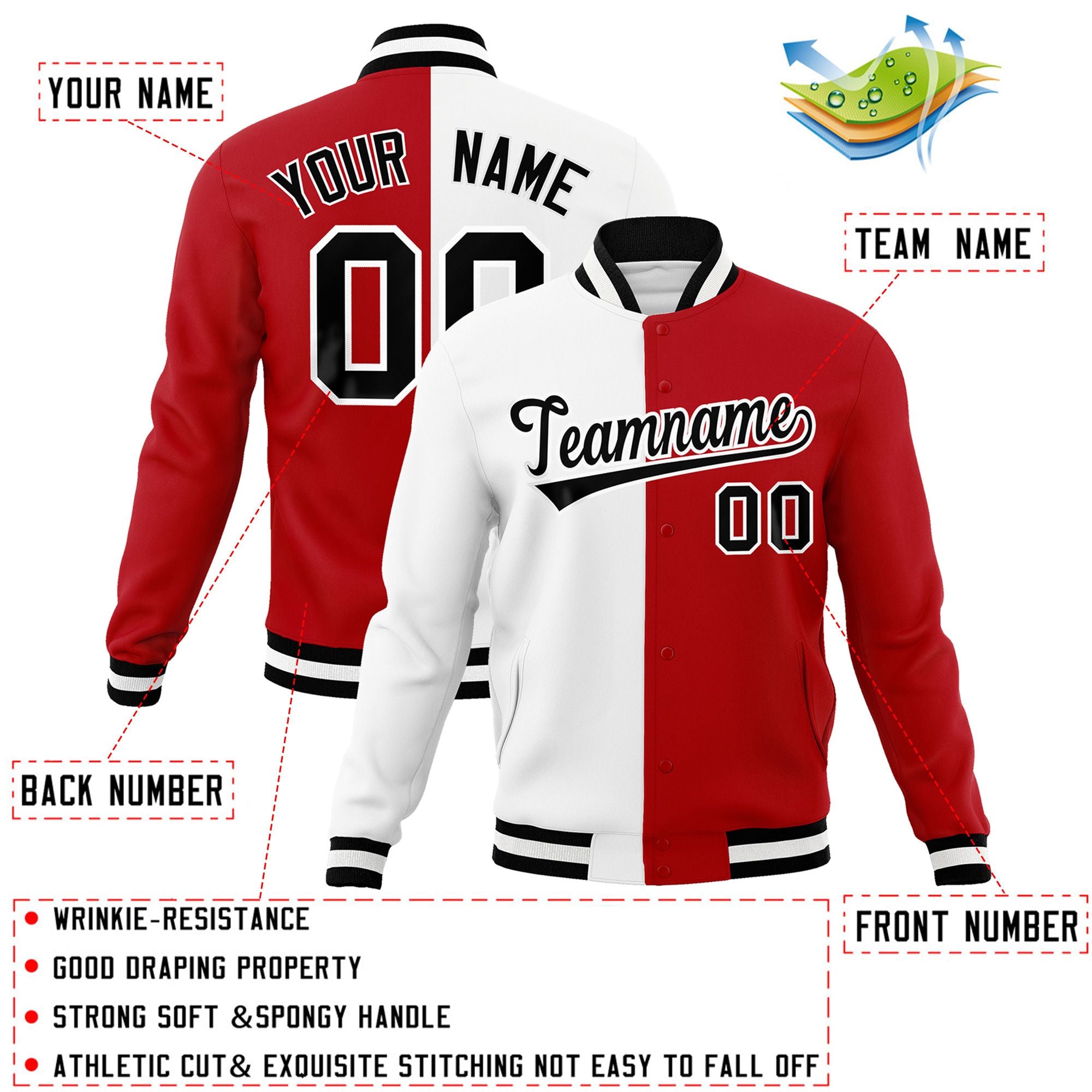 Veste de mode fendue bicolore personnalisée blanc rouge-noir Varsity Full-Snap Letterman