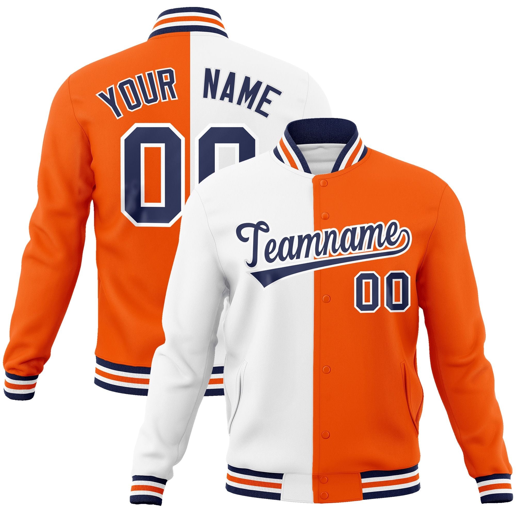 Custom White Orange-Navy Varsity Full-Snap Letterman Two Tone Split Fashion Jacket