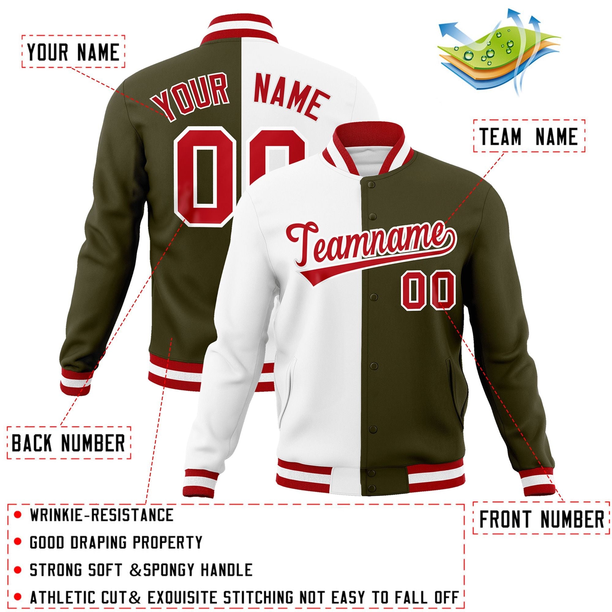 Veste de mode fendue bicolore personnalisée blanc olive-rouge Varsity Full-Snap Letterman