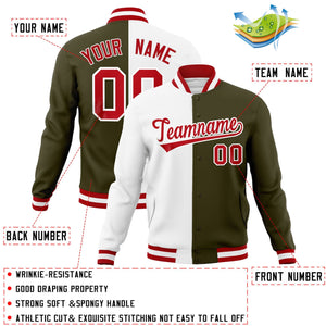 Veste de mode fendue bicolore personnalisée blanc olive-rouge Varsity Full-Snap Letterman