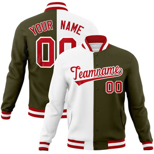 Custom White Olive-Red Varsity Full-Snap Letterman Two Tone Split Fashion Jacket