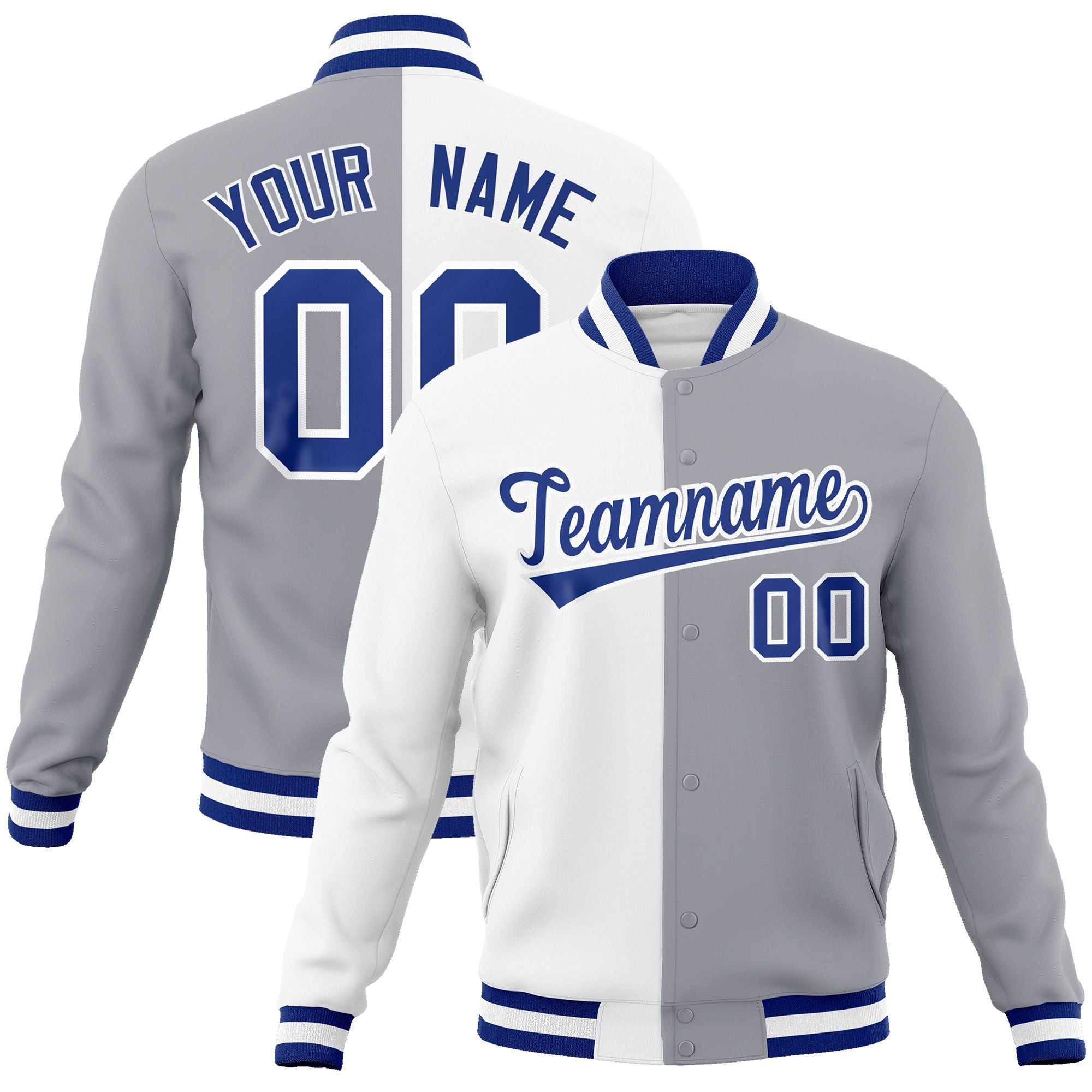 Custom White Gray-Royal Varsity Full-Snap Letterman Two Tone Split Fashion Jacket