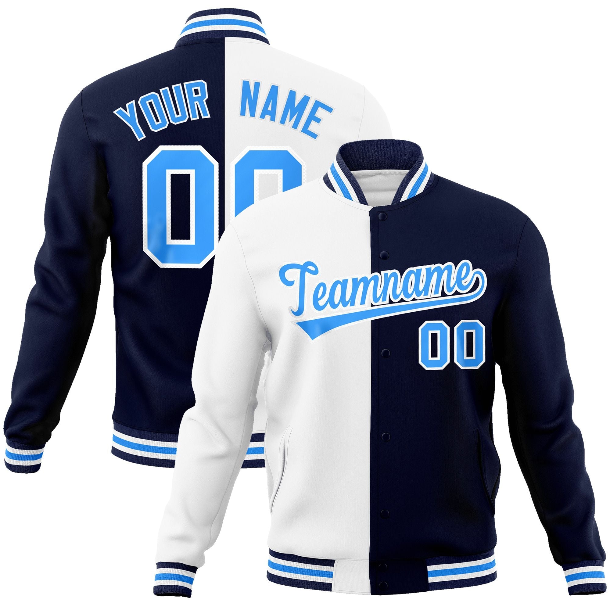 Custom White Navy-Powder Blue Varsity Full-Snap Letterman Two Tone Split Fashion Jacket