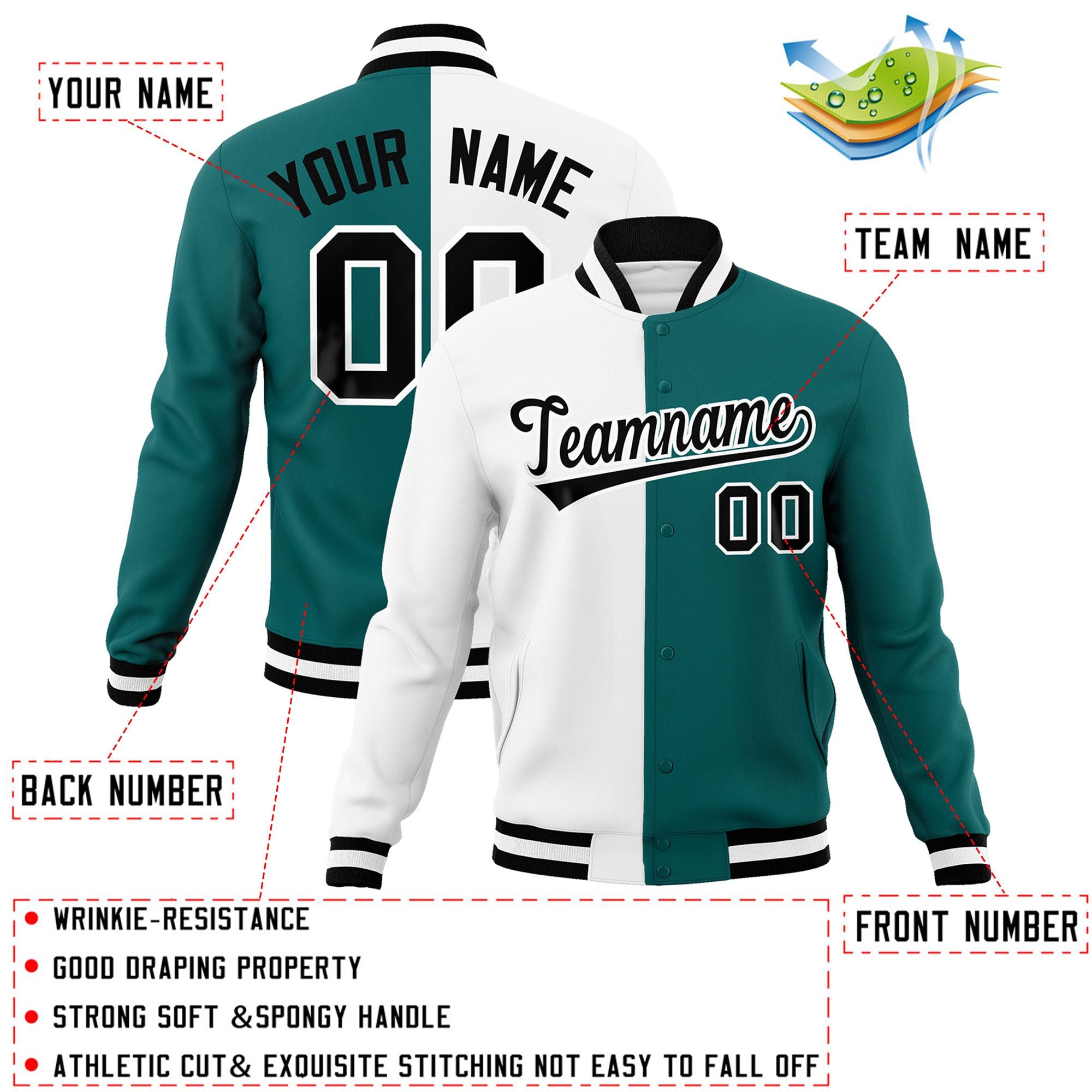 Custom White Aqua-Black Varsity Full-Snap Letterman Veste de mode divisée à deux tons