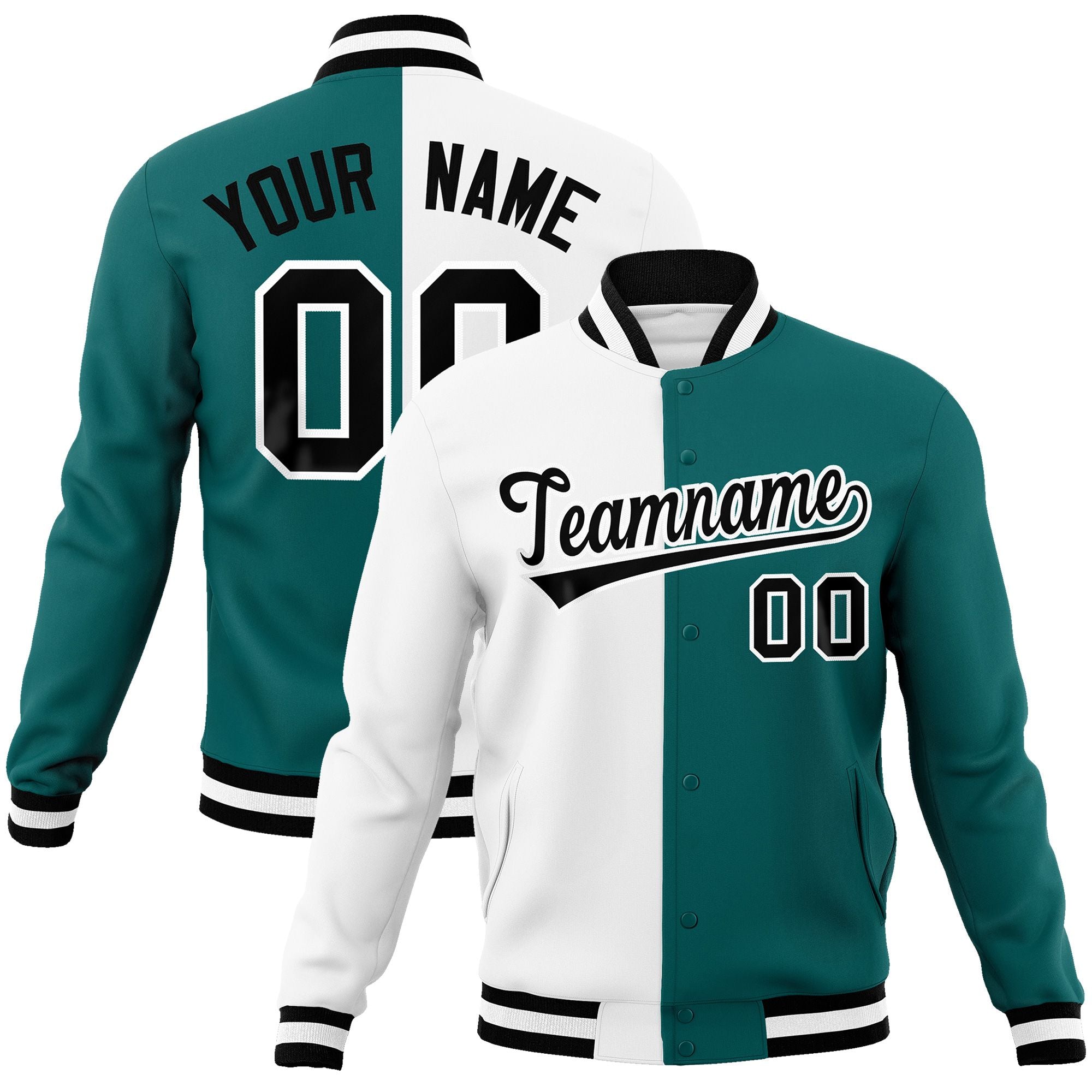 Custom White Aqua-Black Varsity Full-Snap Letterman Two Tone Split Fashion Jacket