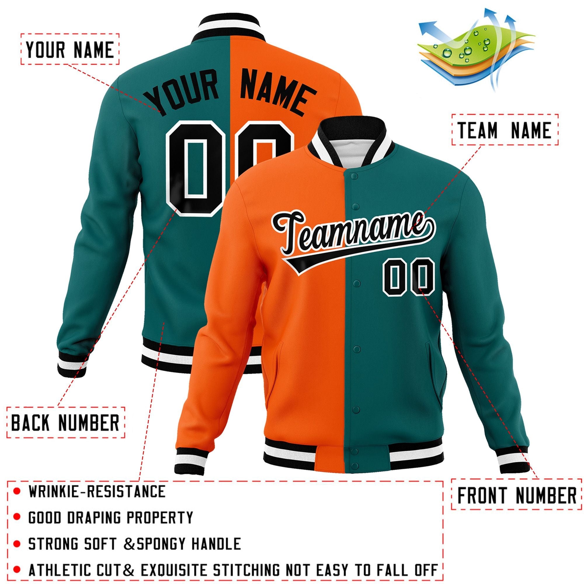 Veste de mode fendue bicolore personnalisée Orange Aqua-Black Varsity Full-Snap Letterman