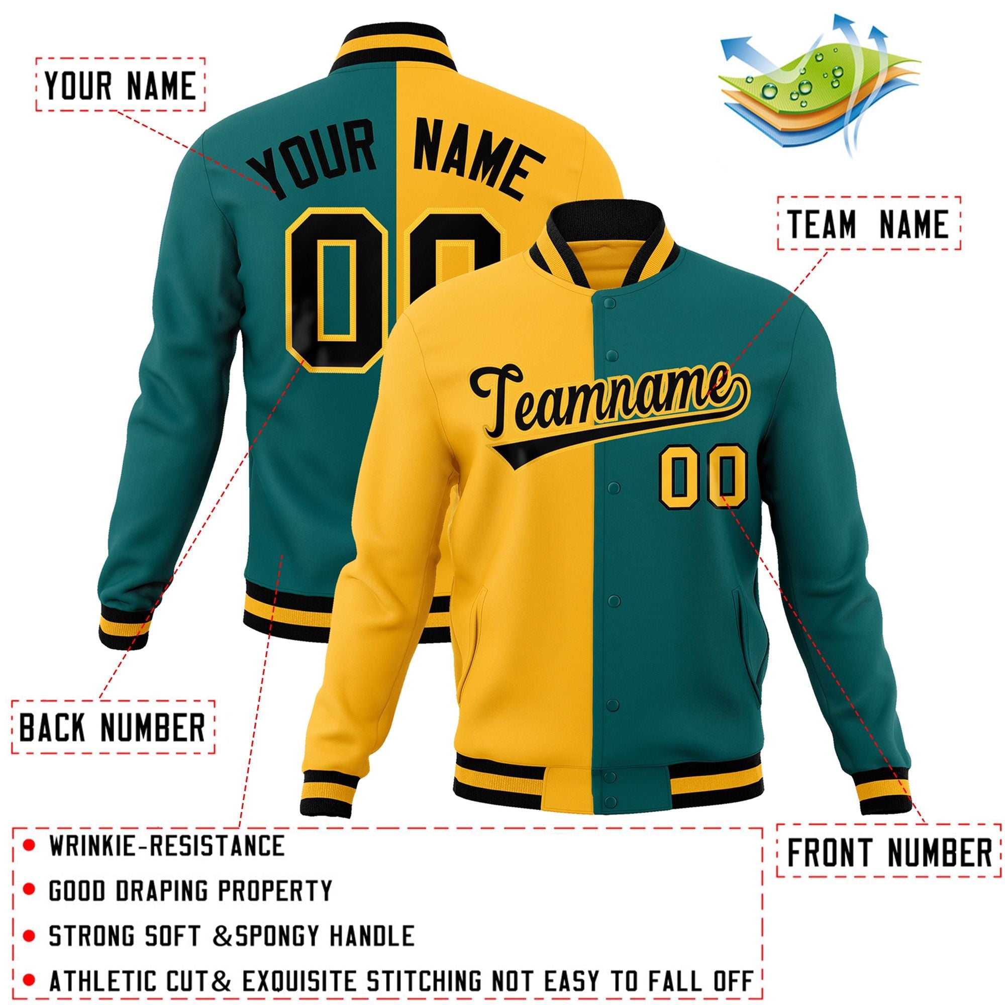 Custom Gold Aqua-Black Varsity Full-Snap Letterman Two Tone Split Fashion Jacket