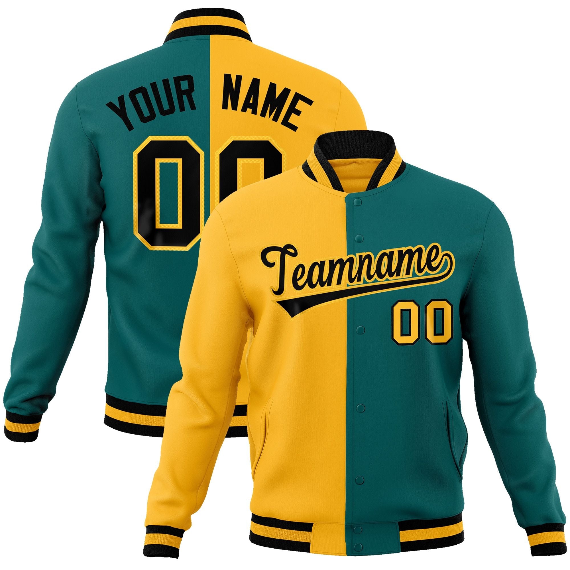 Custom Gold Aqua-Black Varsity Full-Snap Letterman Two Tone Split Fashion Jacket