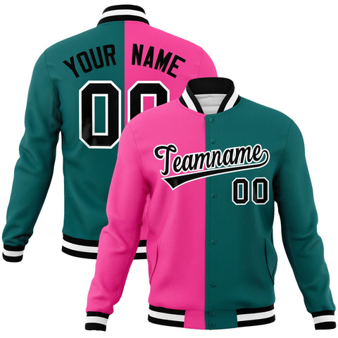 Custom Pink Aqua-Black Varsity Full-Snap Letterman Two Tone Split Fashion Jacket