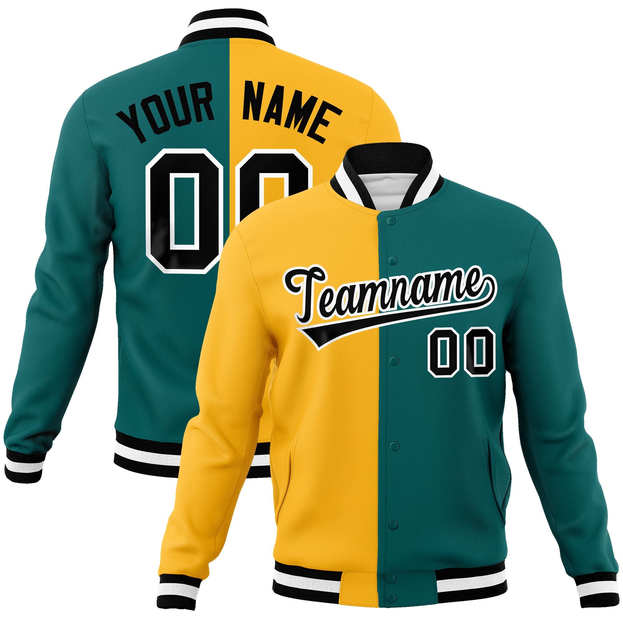 Custom Gold Aqua-Black Varsity Full-Snap Letterman Two Tone Split Fashion Jacket