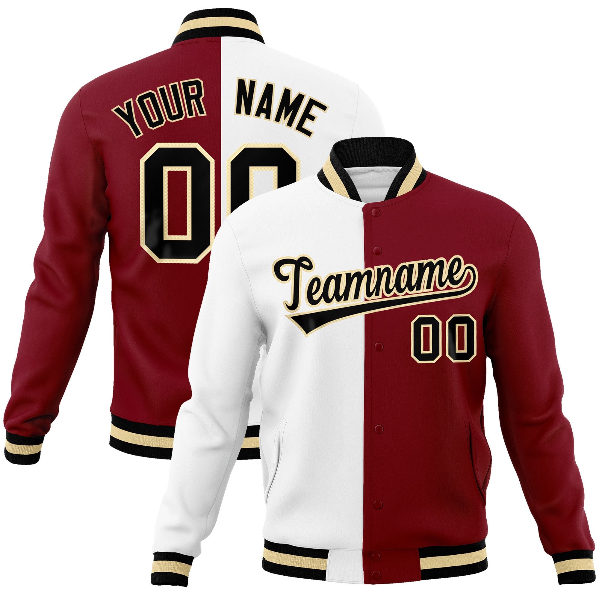 Custom White Crimson-Black Varsity Full-Snap Letterman Two Tone Split Fashion Jacket