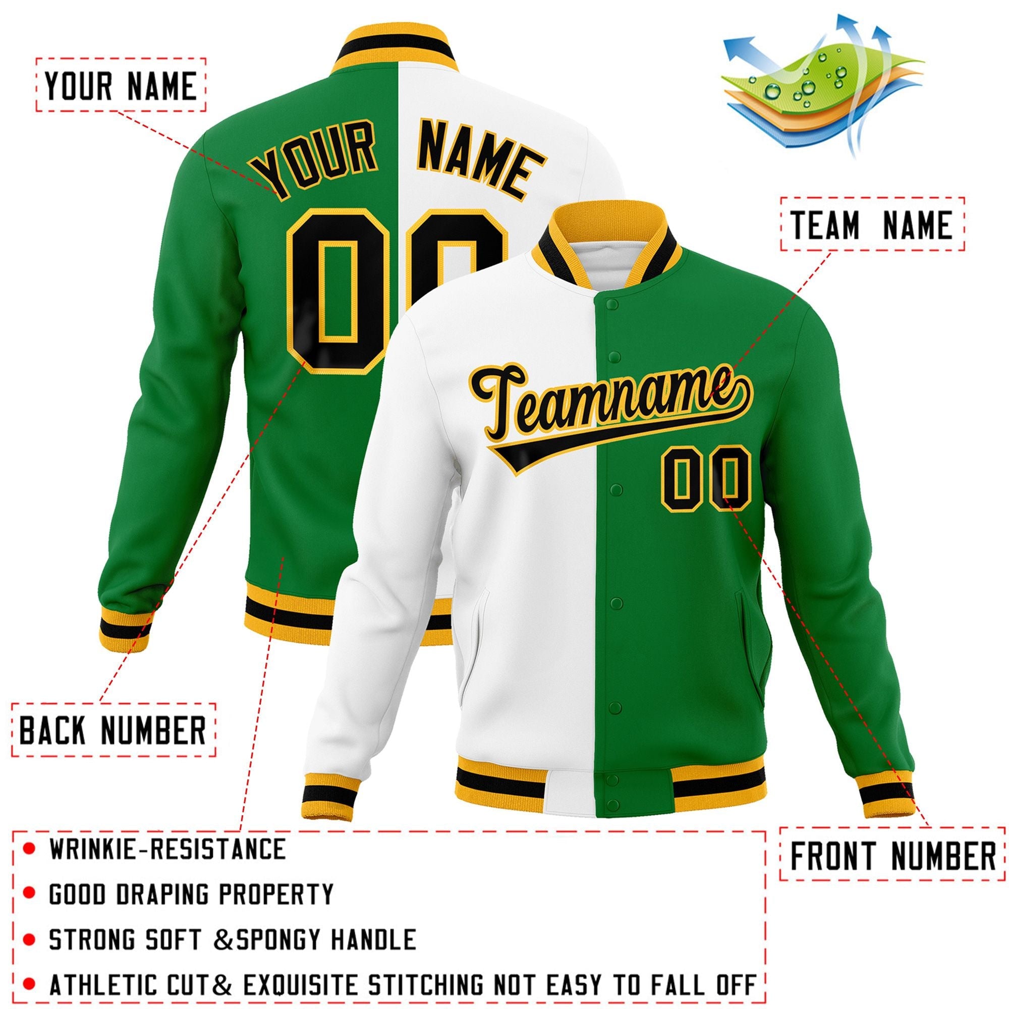 Custom White Green-Black Varsity Full-Snap Letterman Two Tone Split Fashion Jacket