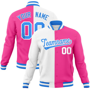 Custom White Pink-Powder Blue Varsity Full-Snap Letterman Two Tone Split Fashion Jacket