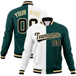 Custom White Midnight Green-Black Varsity Full-Snap Letterman Two Tone Split Fashion Jacket