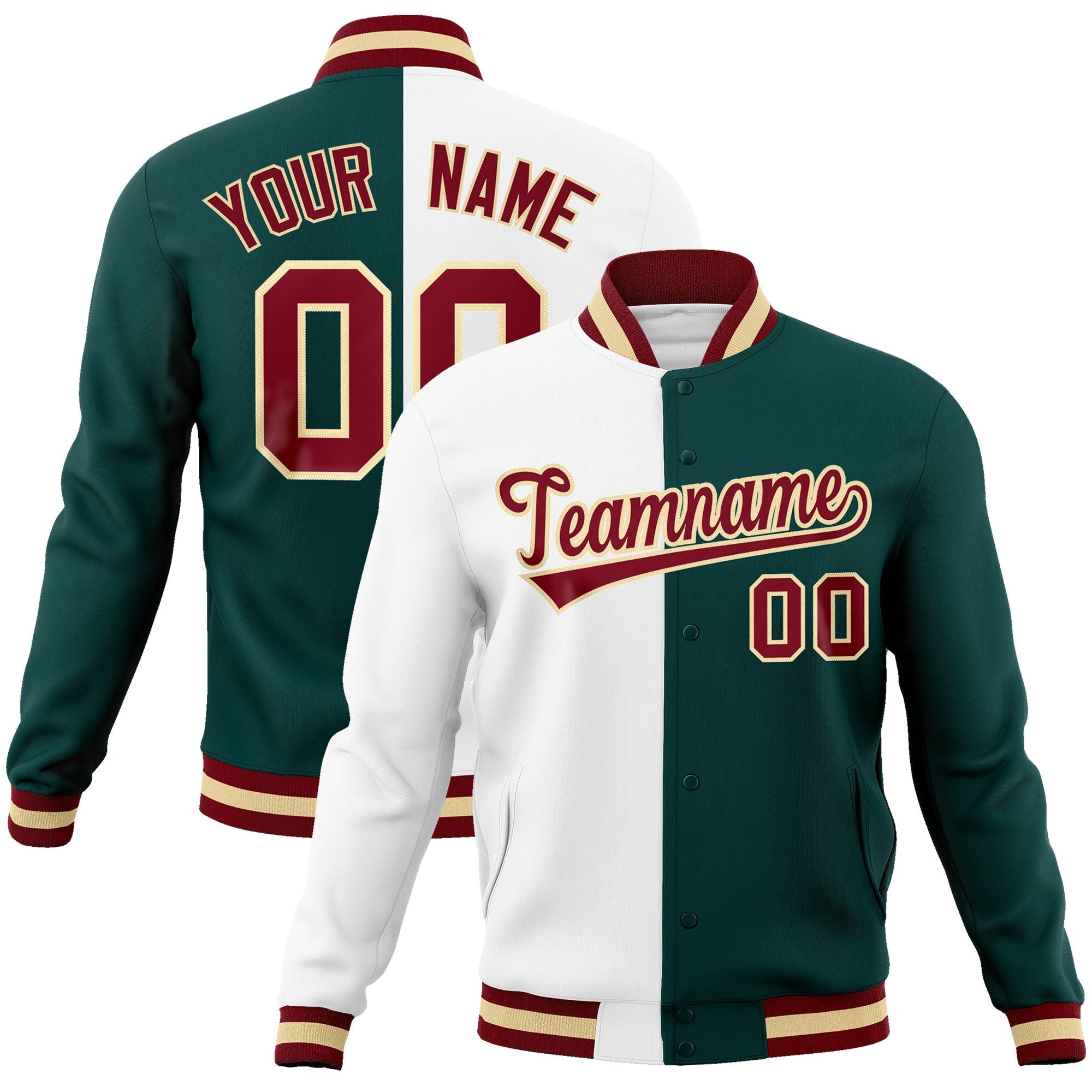 Custom White Midnight Green-Crimson Varsity Full-Snap Letterman Two Tone Split Fashion Jacket