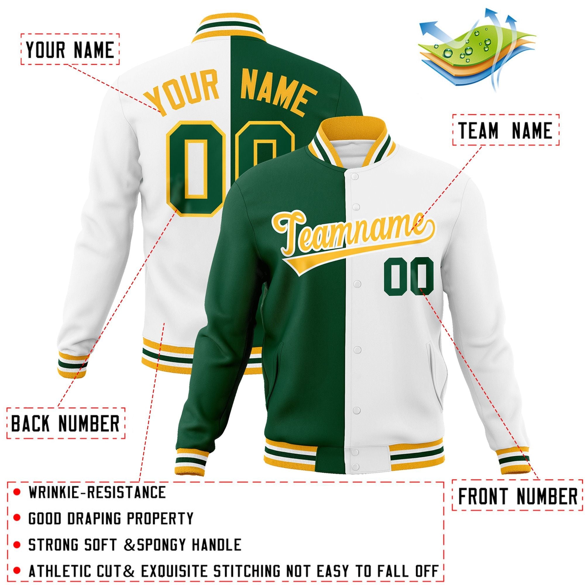 Veste de mode fendue bicolore personnalisée vert blanc-or Varsity Full-Snap Letterman