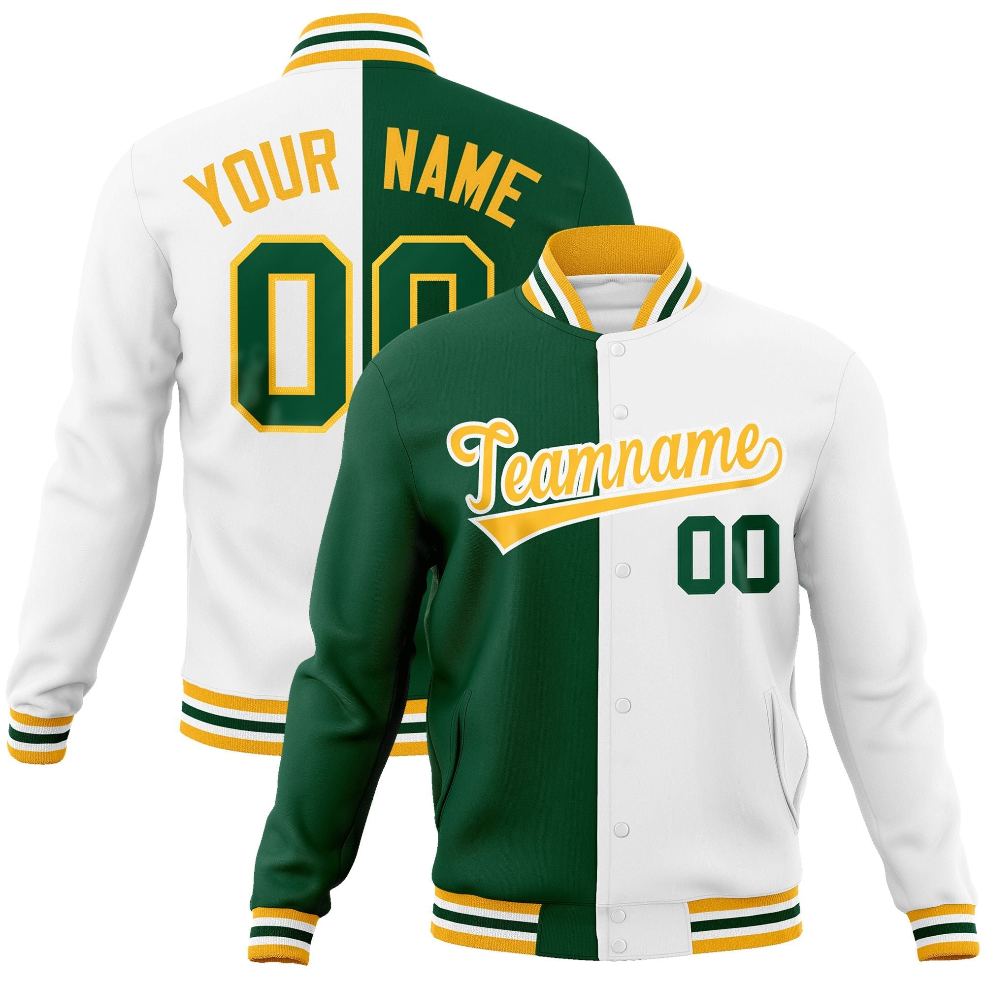 Custom Green White-Gold Varsity Full-Snap Letterman Two Tone Split Fashion Jacket