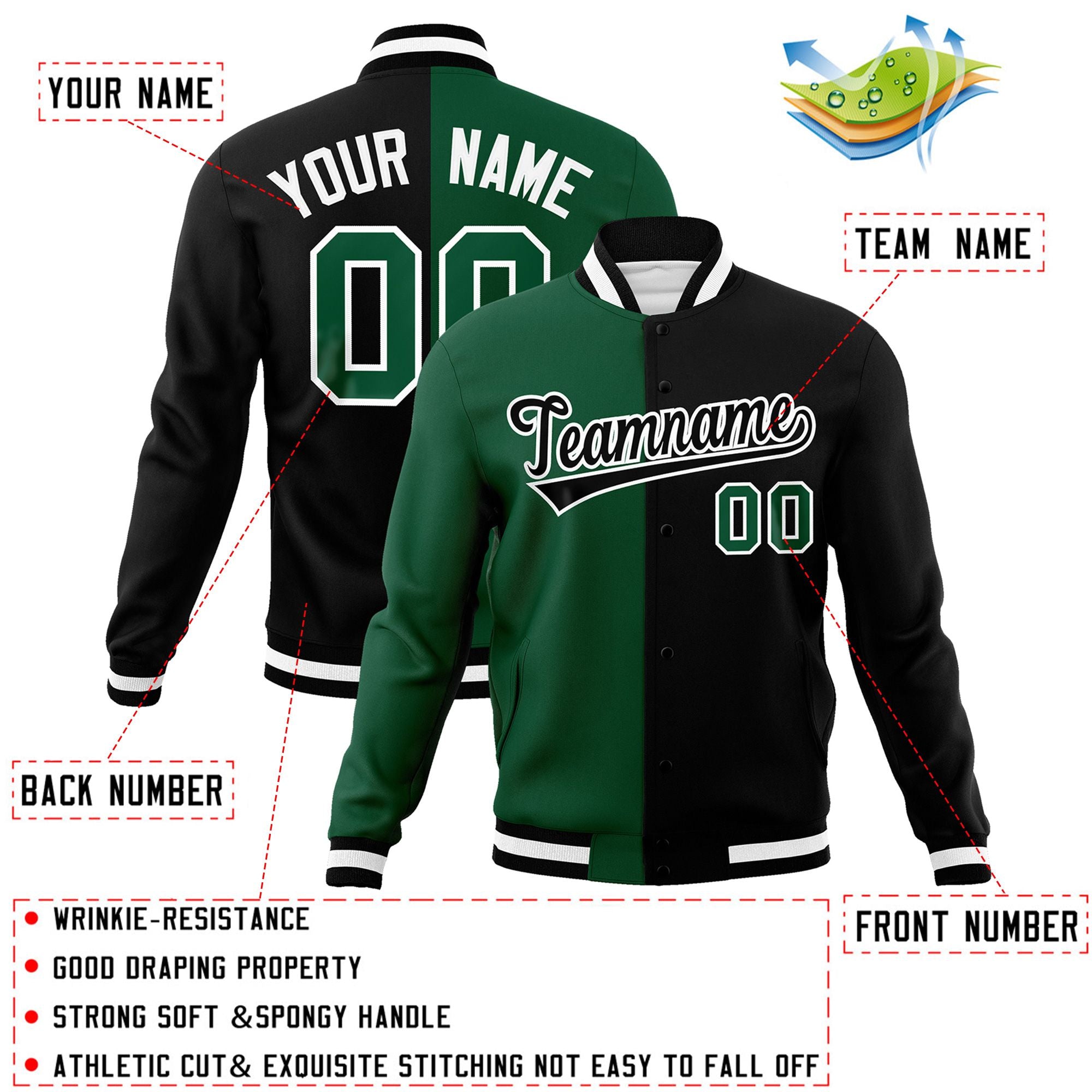 Veste de mode fendue bicolore personnalisée vert noir-noir Varsity Letterman